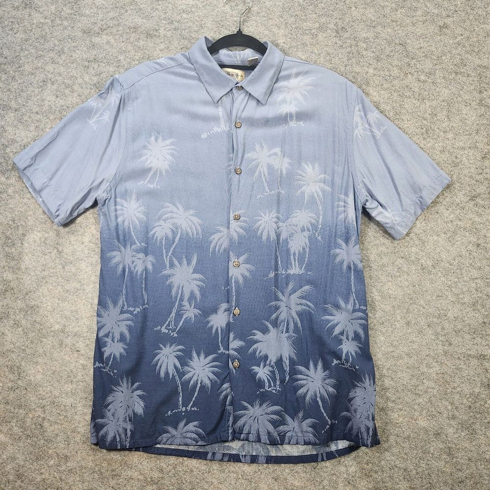 Campia Moda Shirt Men L Button Up Blue Ombre Casual Hawaiian Palm Trees Rayon